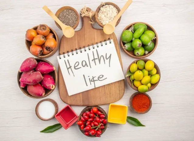 Fresh ingredients arranged on a wooden surface